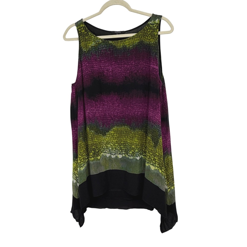 Dressori 100% Silk Sleeveless Tunic Top Green Purple Abstract Print Womens L